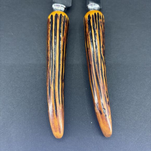 Vintage Crown Crest Sheffield England Stainless 2 Steak Knives‎ Faux Stag Antler - Picture 3 of 11
